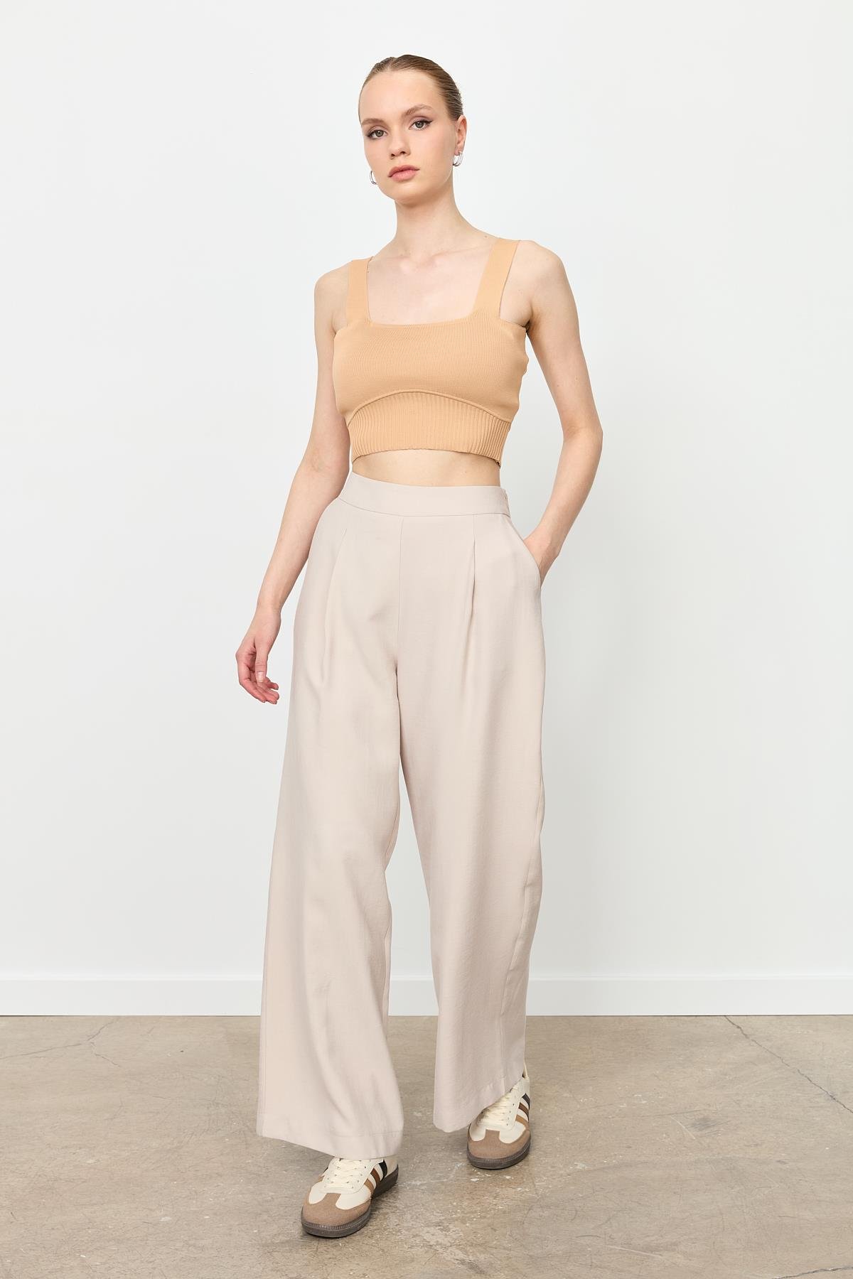 Kalın Pile Beli Lastikli Pantolon-TAŞ