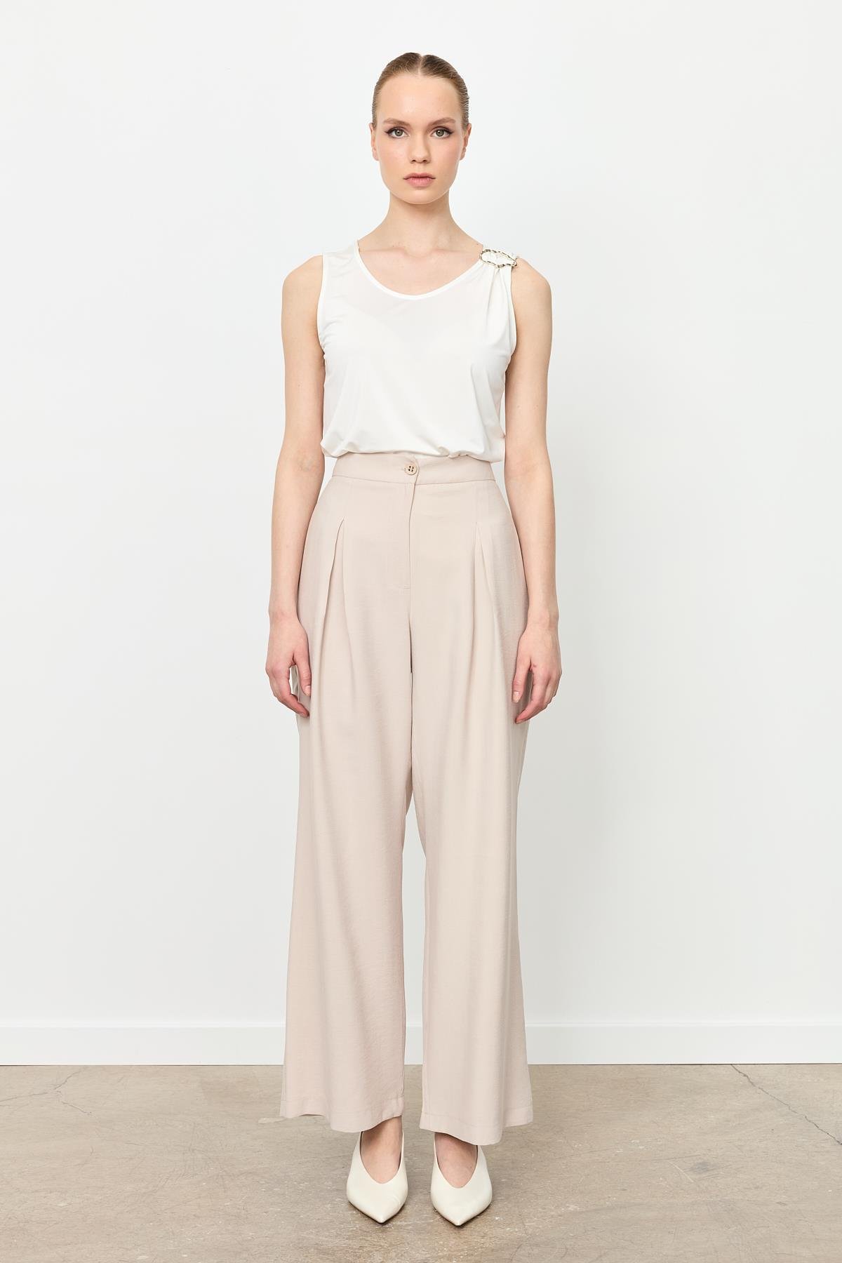 Kalın Pileli Bol Paça Pantolon-TAŞ