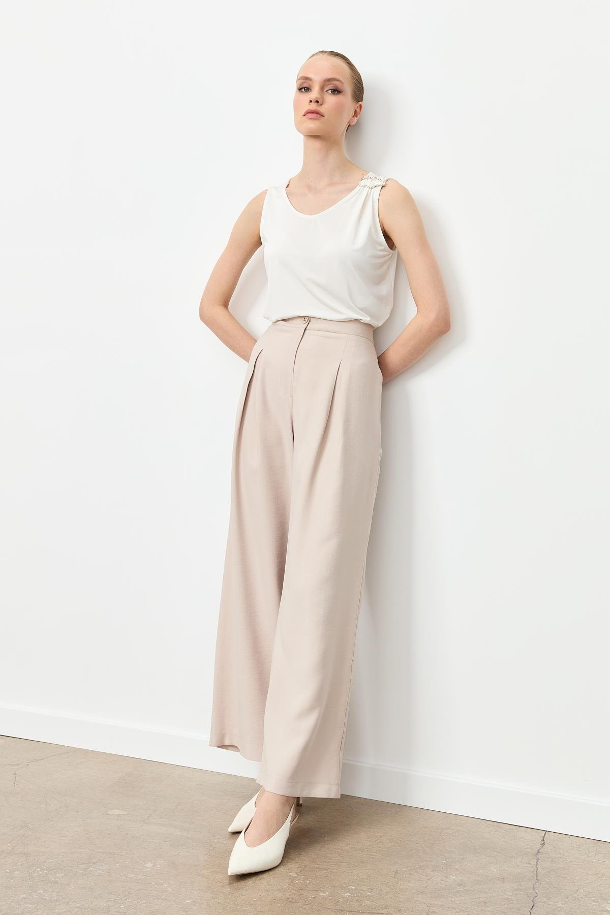 Kalın Pileli Bol Paça Pantolon-TAŞ