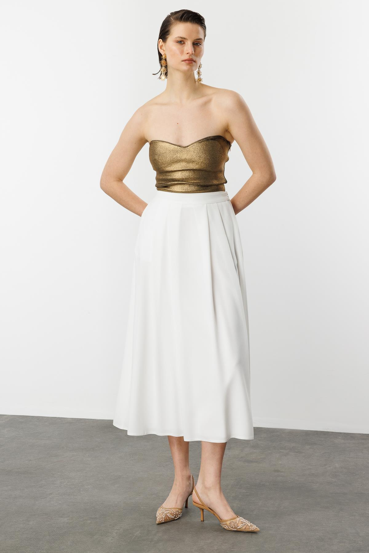 Kalın Pileli Uzun Etek-KEMIK