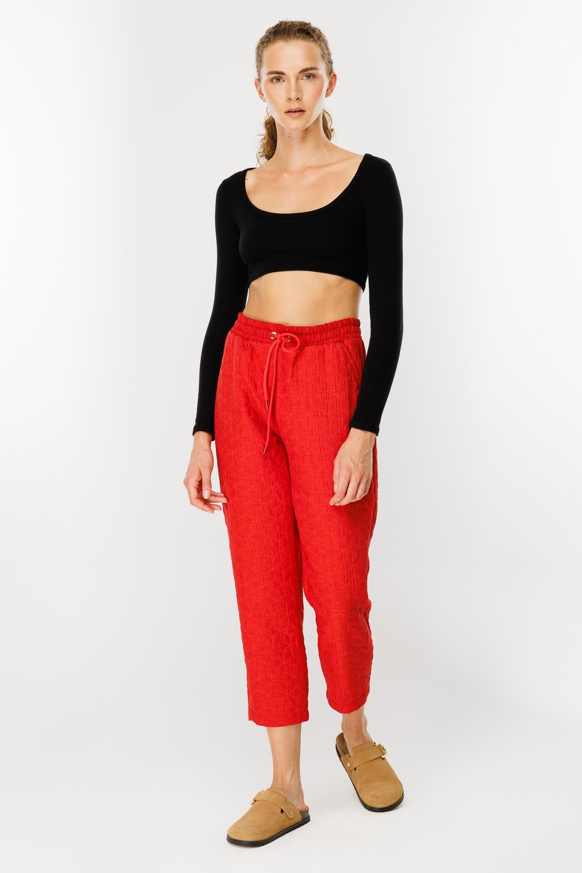 Kapitone Desenli Beli Lastikli Pantolon - KIRMIZI