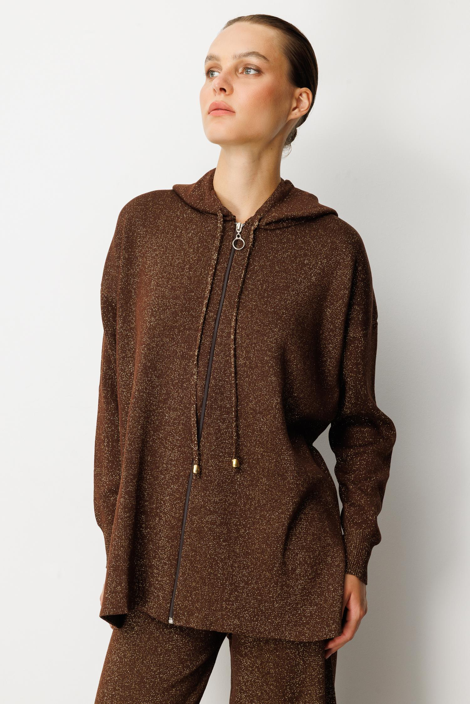 Kapüşon Detay Simli Triko Takım-KAHVE