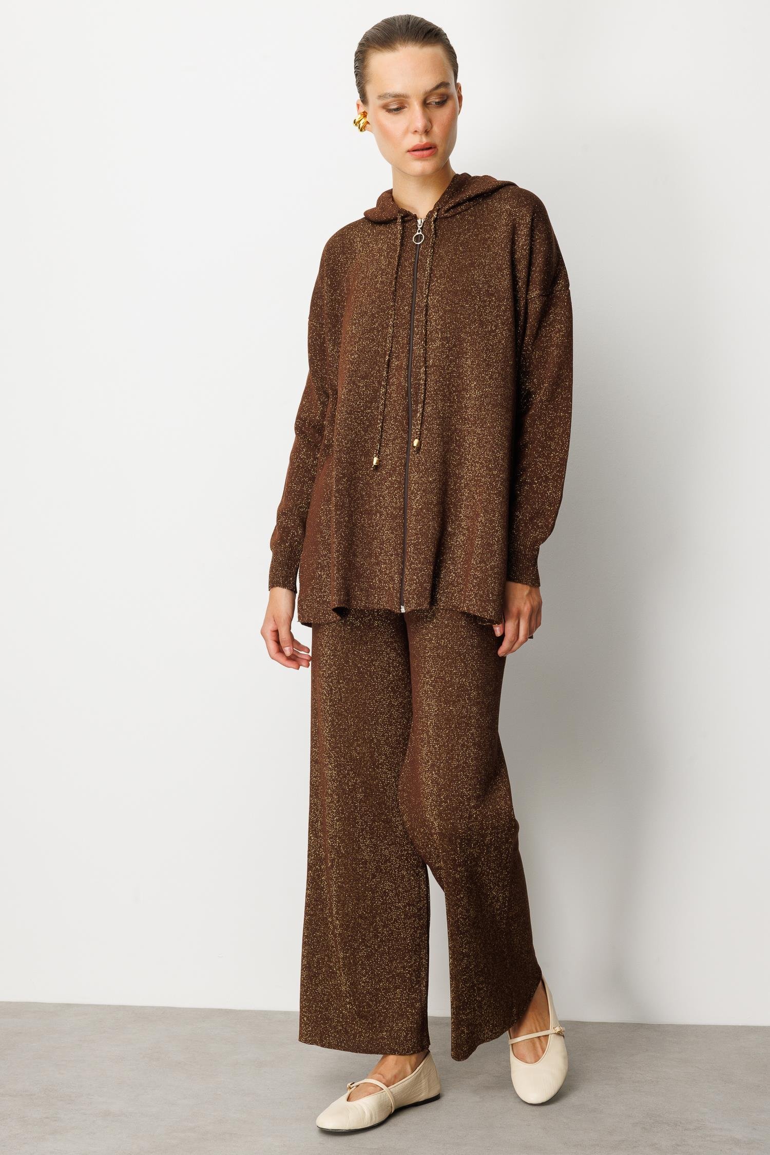 Kapüşon Detay Simli Triko Takım-KAHVE