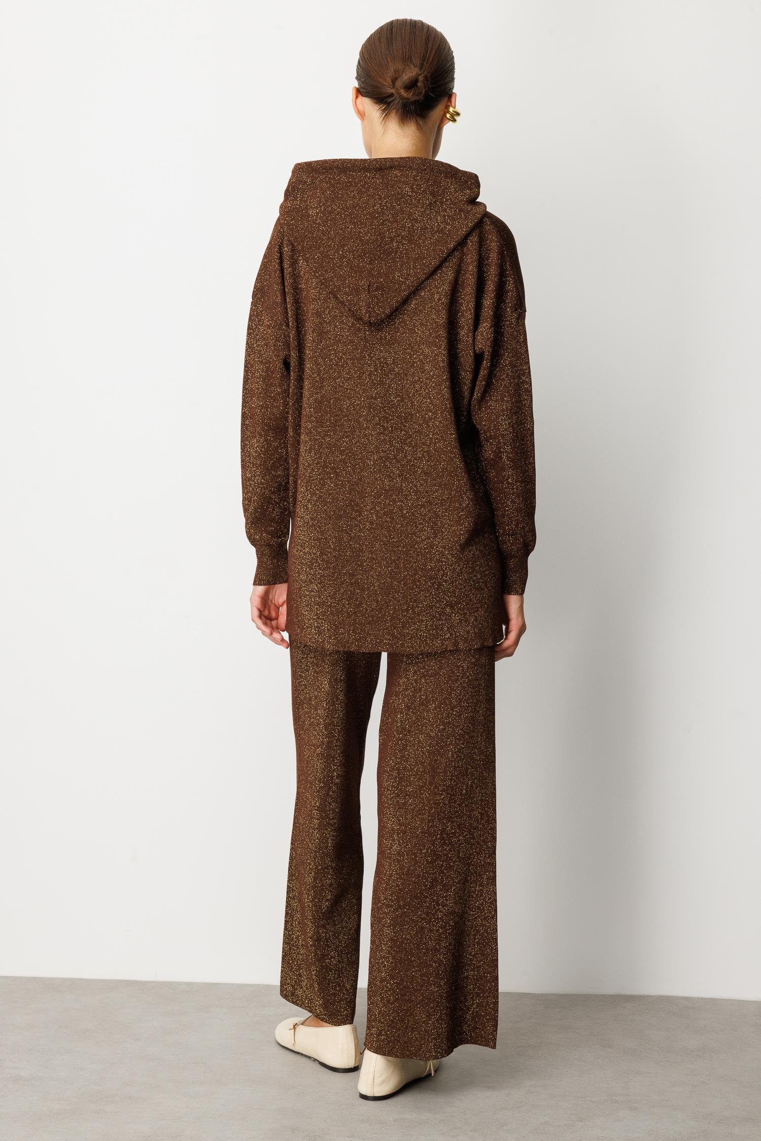 Kapüşon Detay Simli Triko Takım-KAHVE