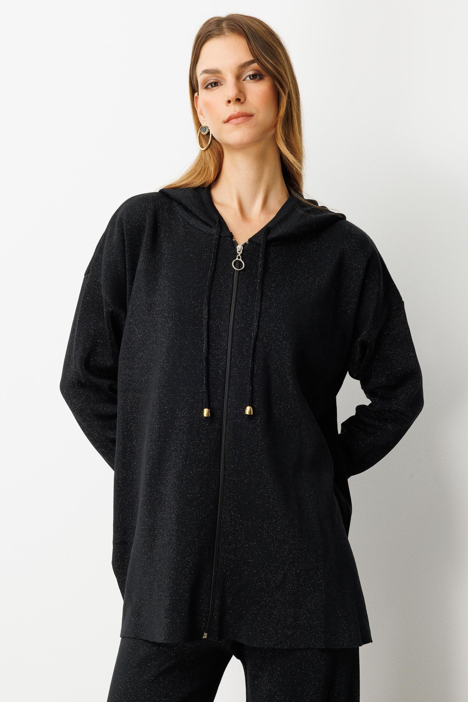 Kapüşon Detay Simli Triko Takım-SİYAH