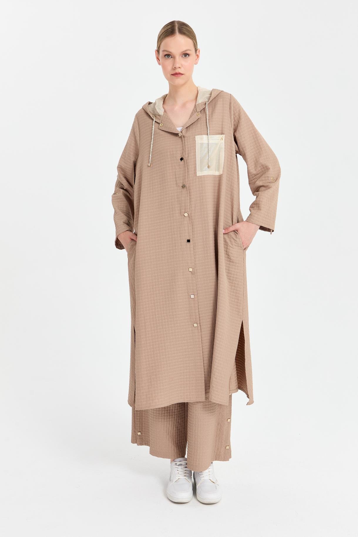 Kapüşon Ve Gold Detaylı Uzun Kap - VİZON