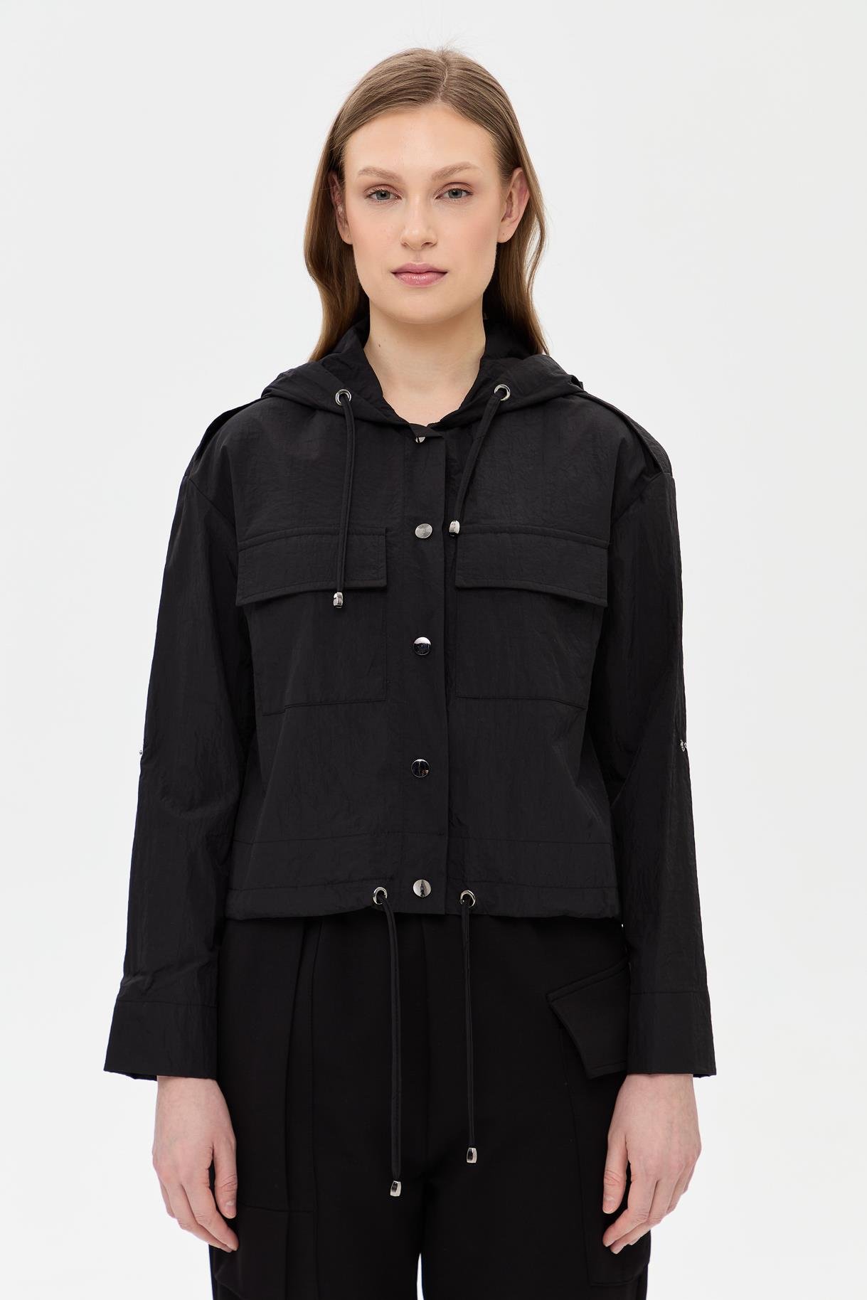 Kapüşonlu Cep Detaylı Paraşüt Ceket - SİYAH