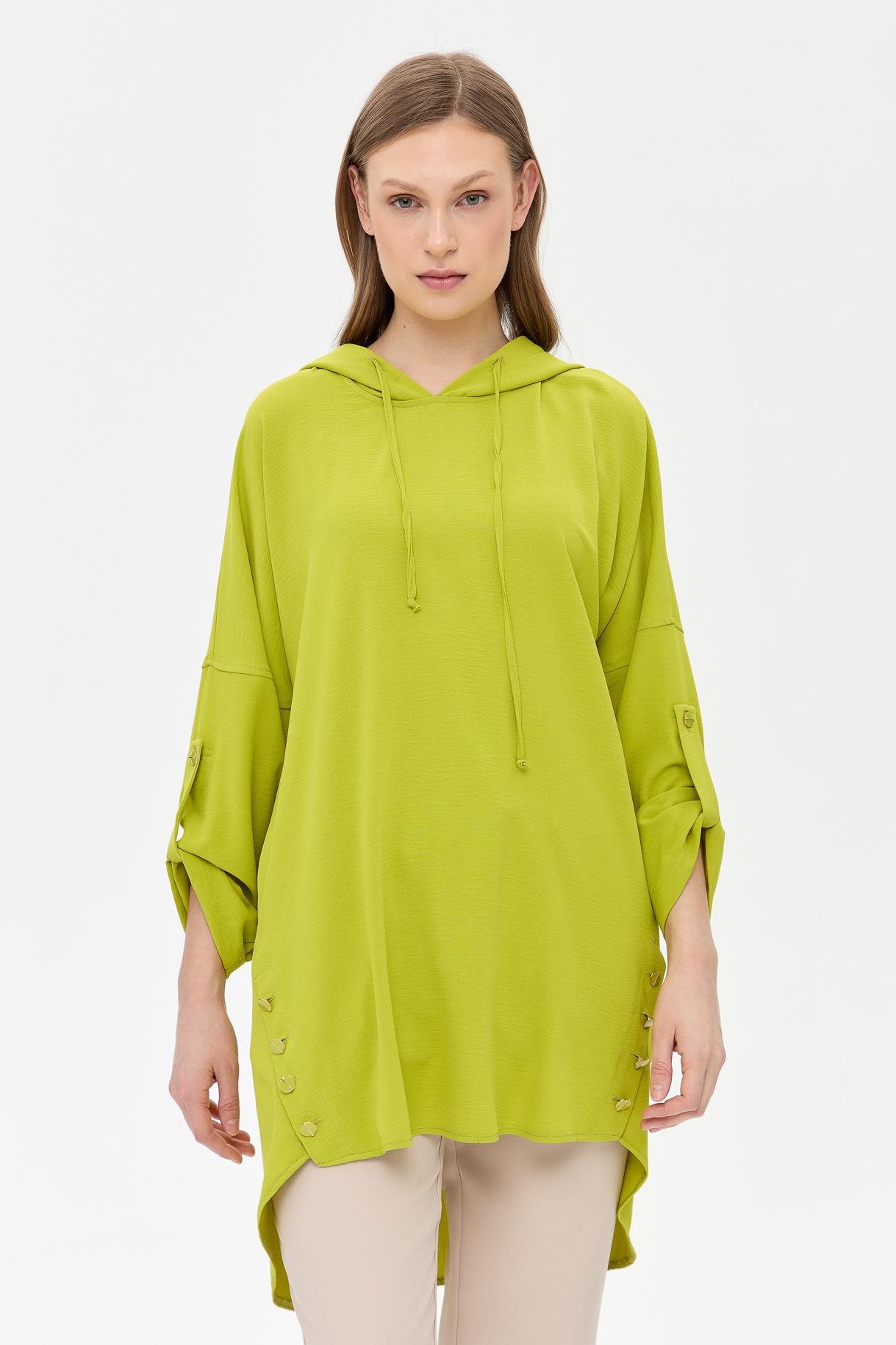 Kapüşonlu Düğme Detaylı Tunik - FISTIK YEŞİLİ