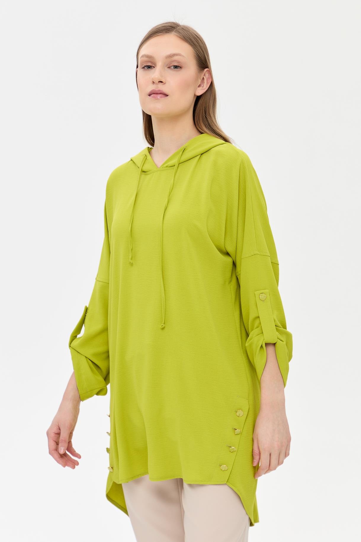 Kapüşonlu Düğme Detaylı Tunik - FISTIK YEŞİLİ