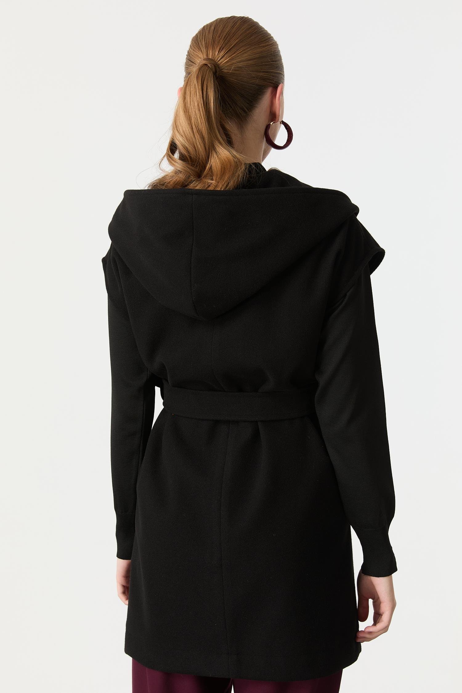 Kapüşonlu Kaşe Yelek-SİYAH