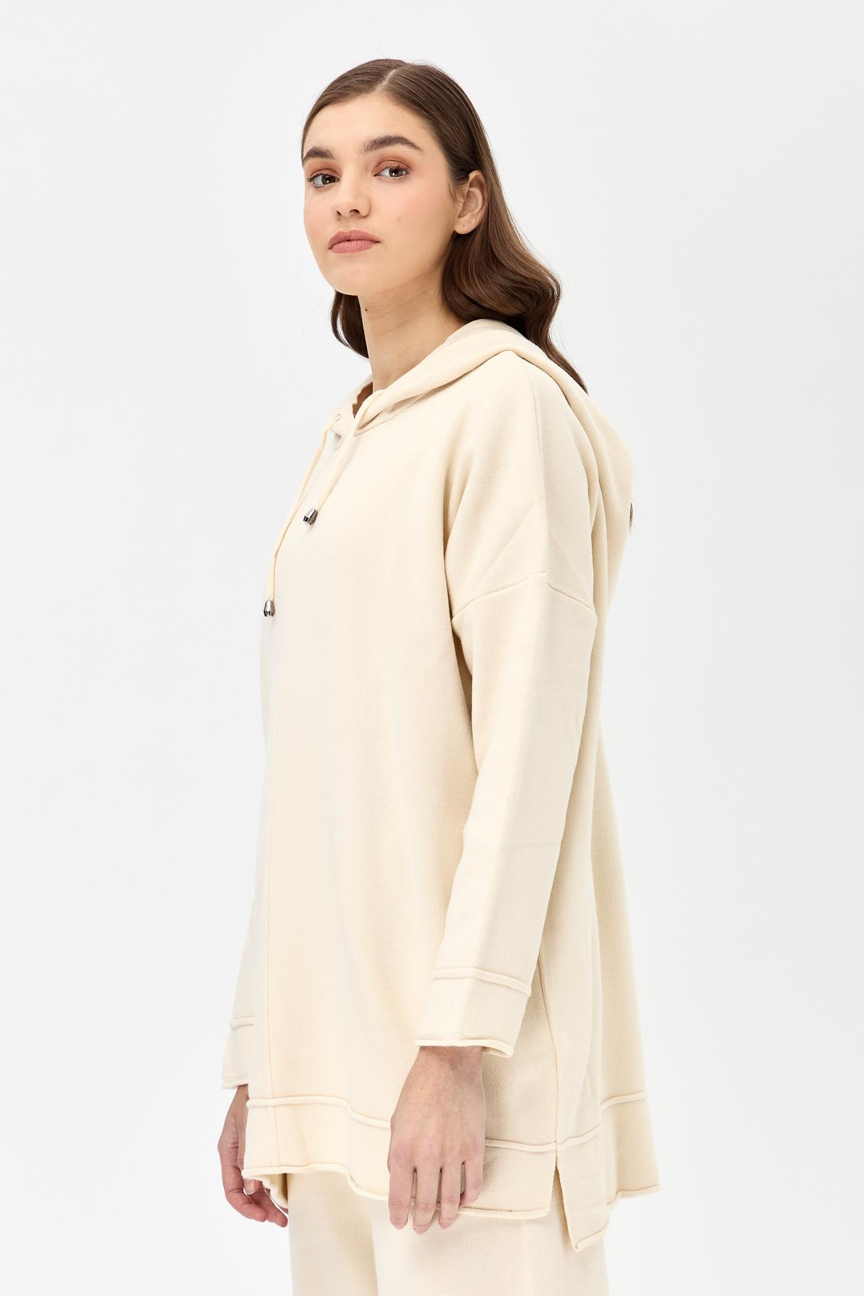 Kapüşonlu Tunik Pantolon Triko Takım - EKRU