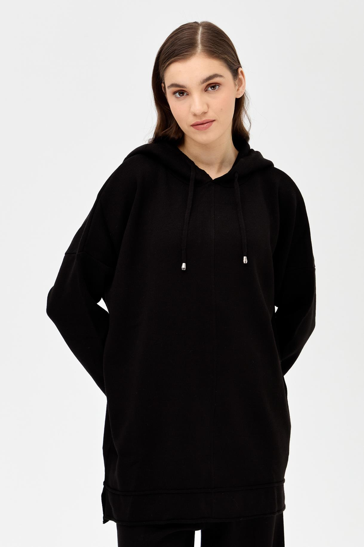 Kapüşonlu Tunik Pantolon Triko Takım - SİYAH