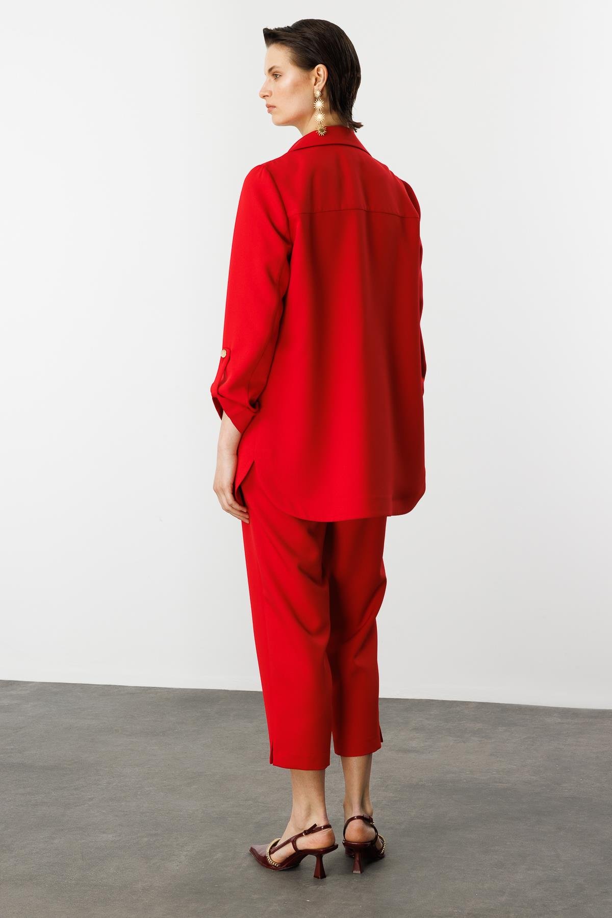 Katlanabilir Kol Detaylı Uzun Ceket-KIRMIZI