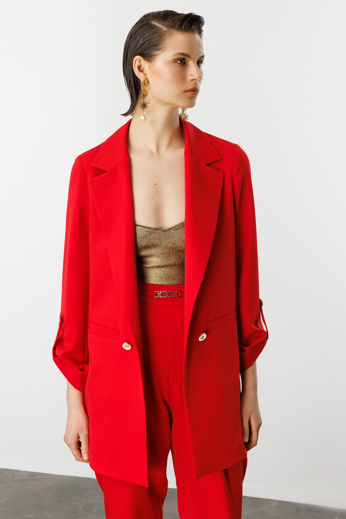 Katlanabilir Kol Detaylı Uzun Ceket-KIRMIZI