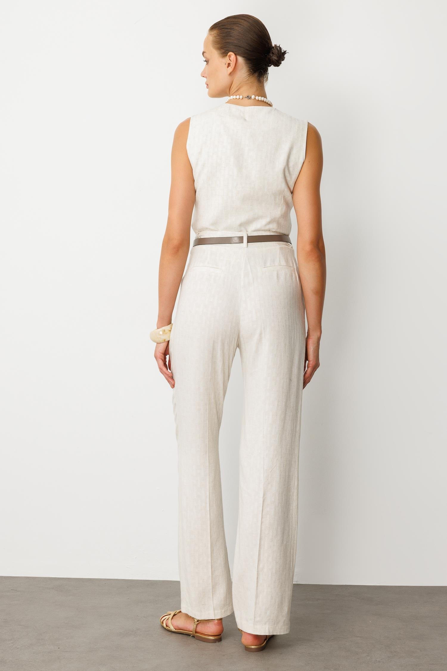 Kemer Detay Keten Görünümlü İkili Takım-KREM