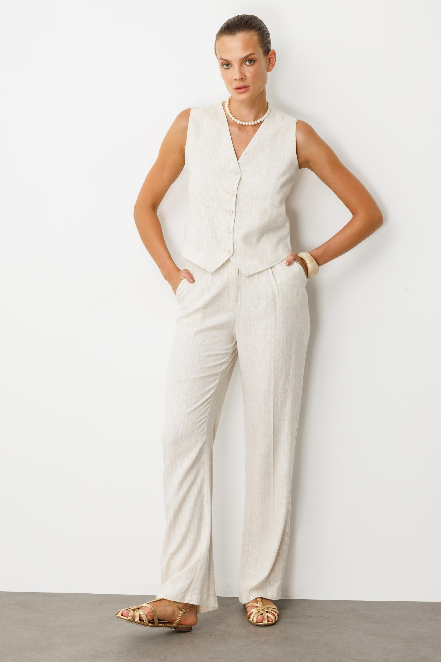 Kemer Detay Keten Görünümlü İkili Takım-KREM