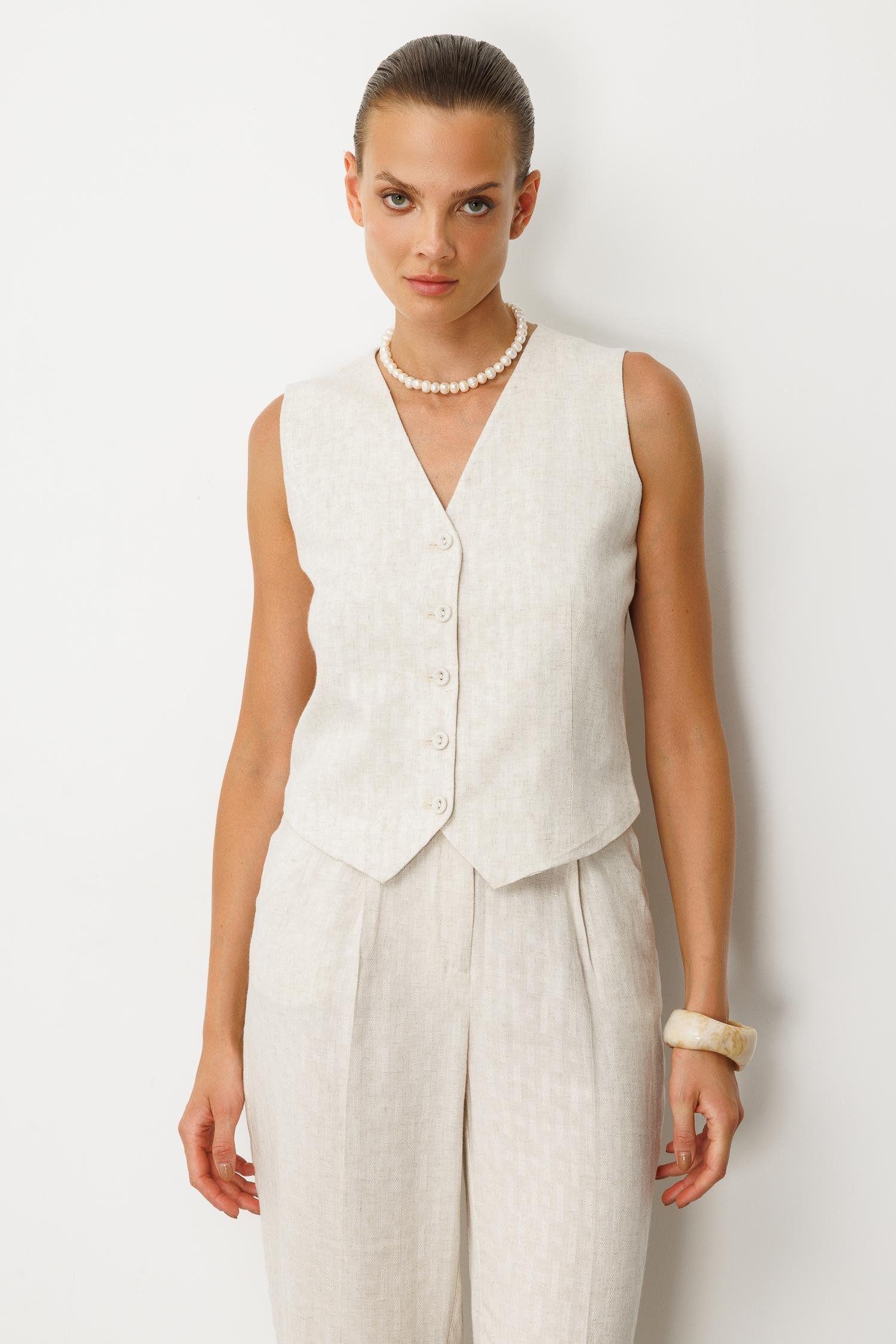 Kemer Detay Keten Görünümlü İkili Takım-KREM