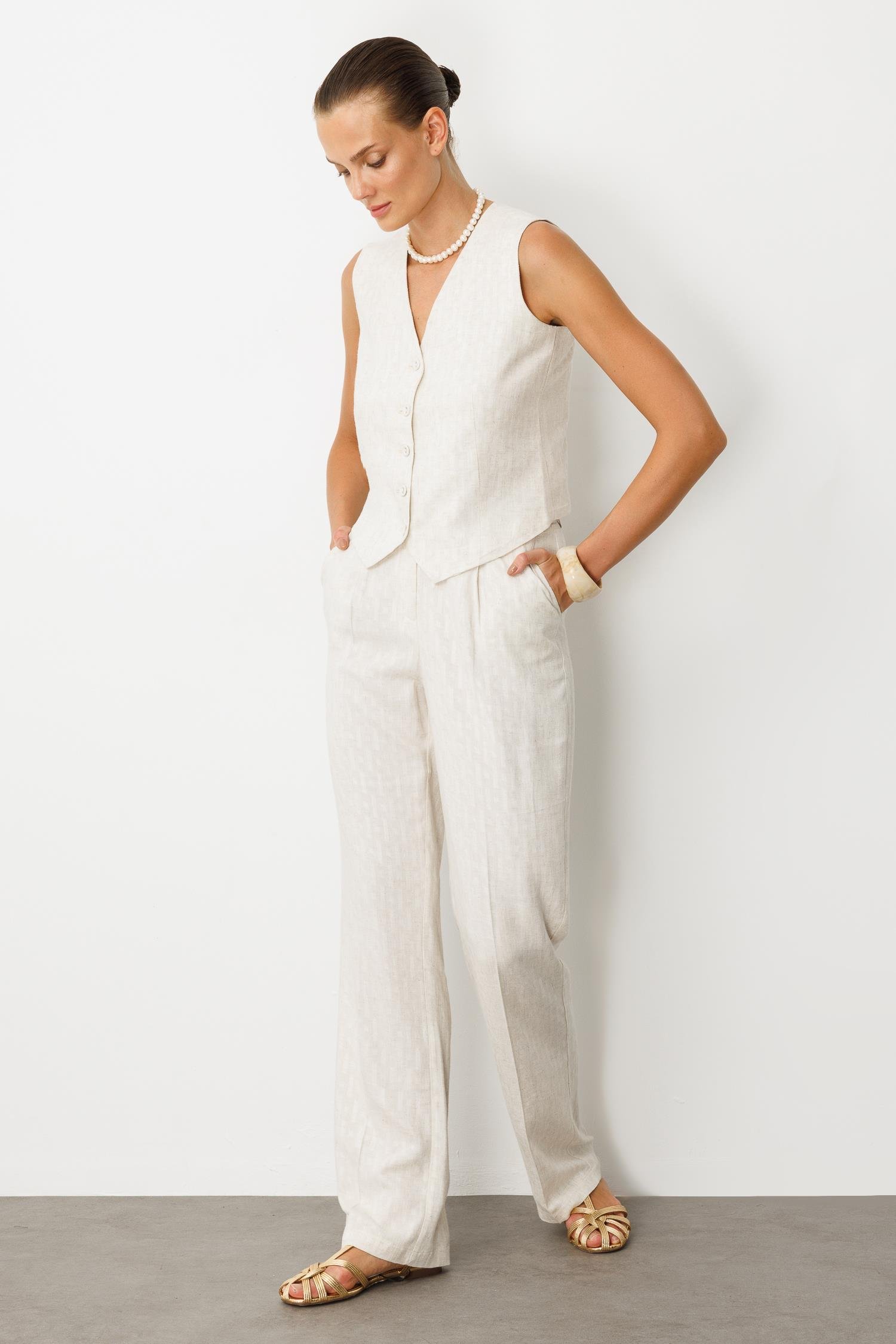 Kemer Detay Keten Görünümlü İkili Takım-KREM