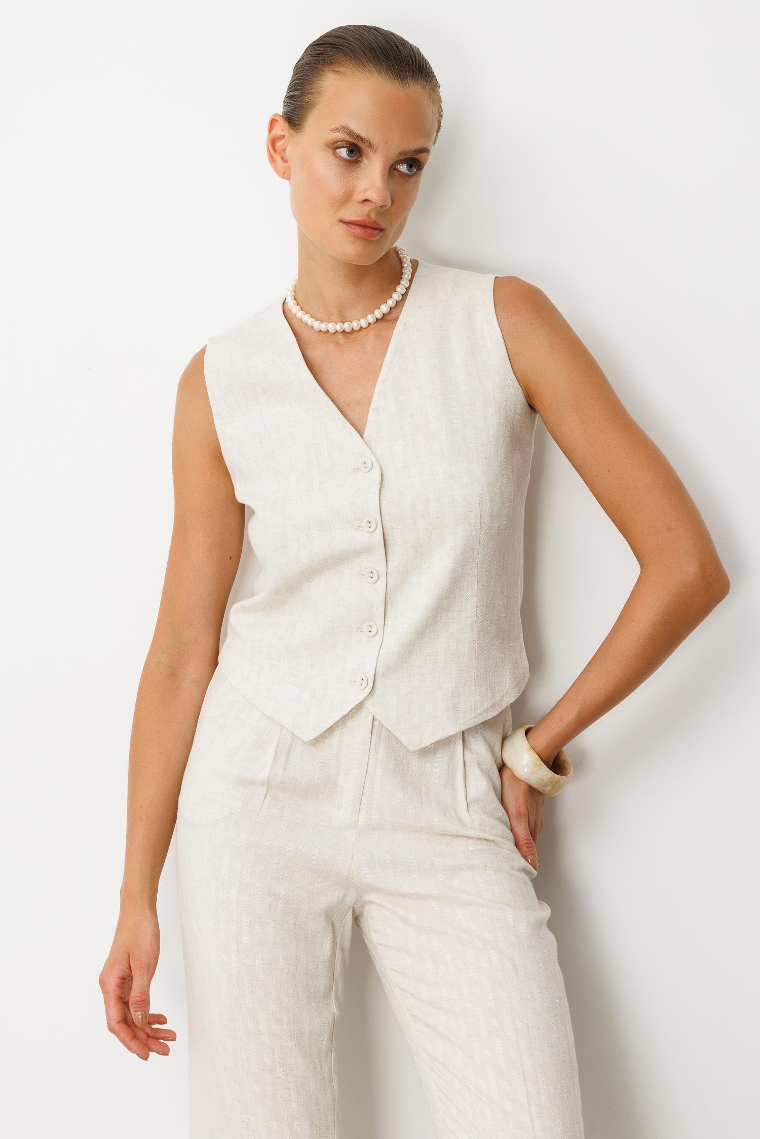 Kemer Detay Keten Görünümlü İkili Takım-KREM