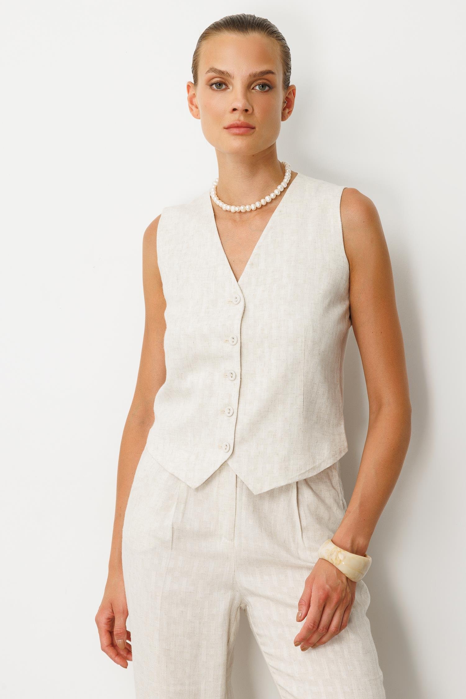 Kemer Detay Keten Görünümlü İkili Takım-KREM