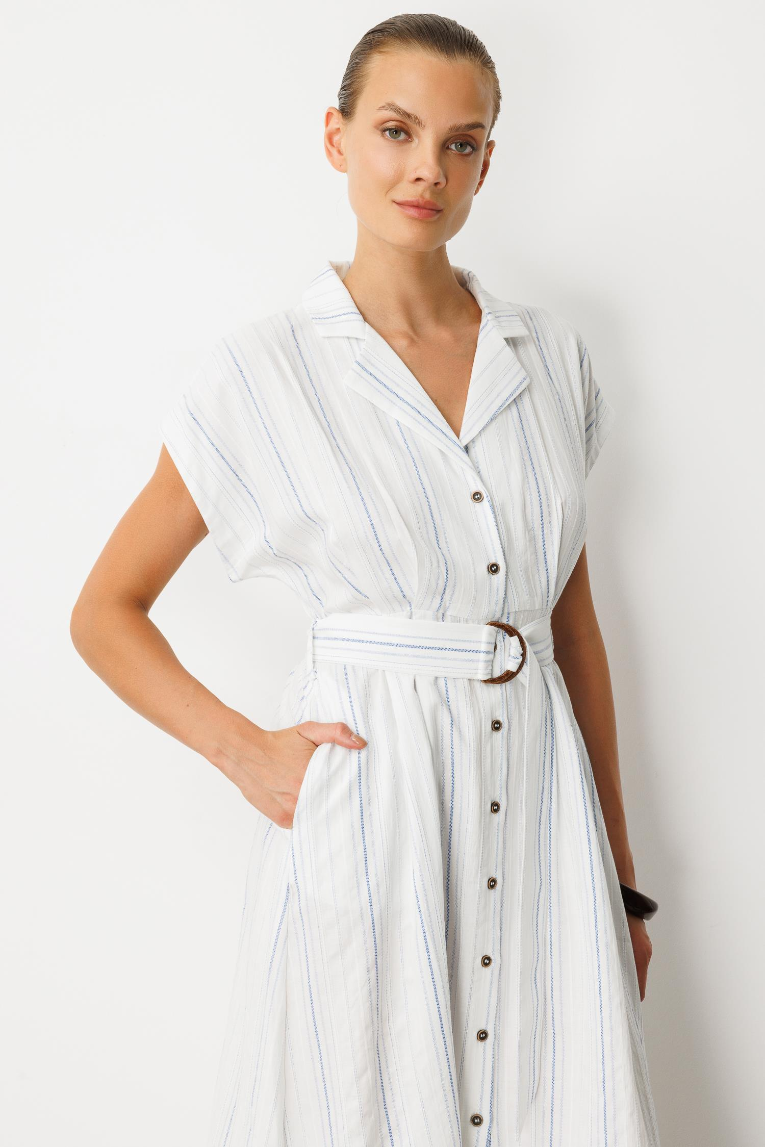 Kemer Detay Pamuklu Uzun Elbise-EKRU