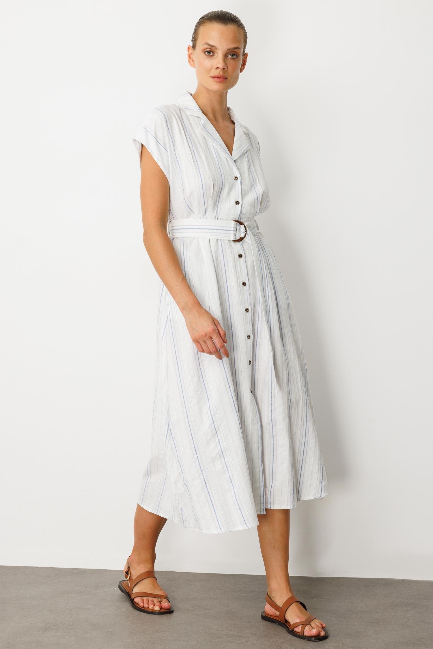 Kemer Detay Pamuklu Uzun Elbise-EKRU