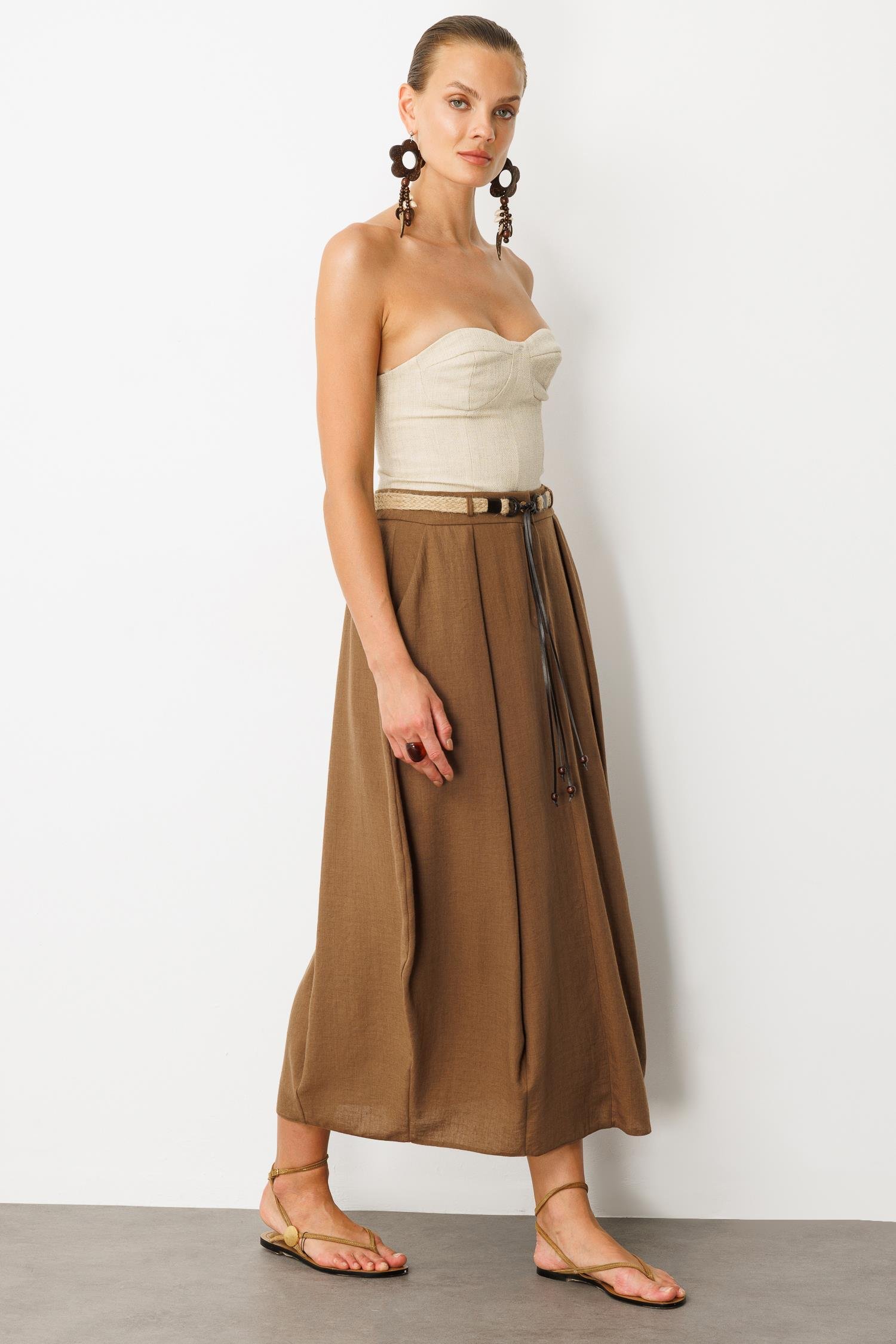 Kemer Detaylı Keten Görünümlü Etek-KAHVE
