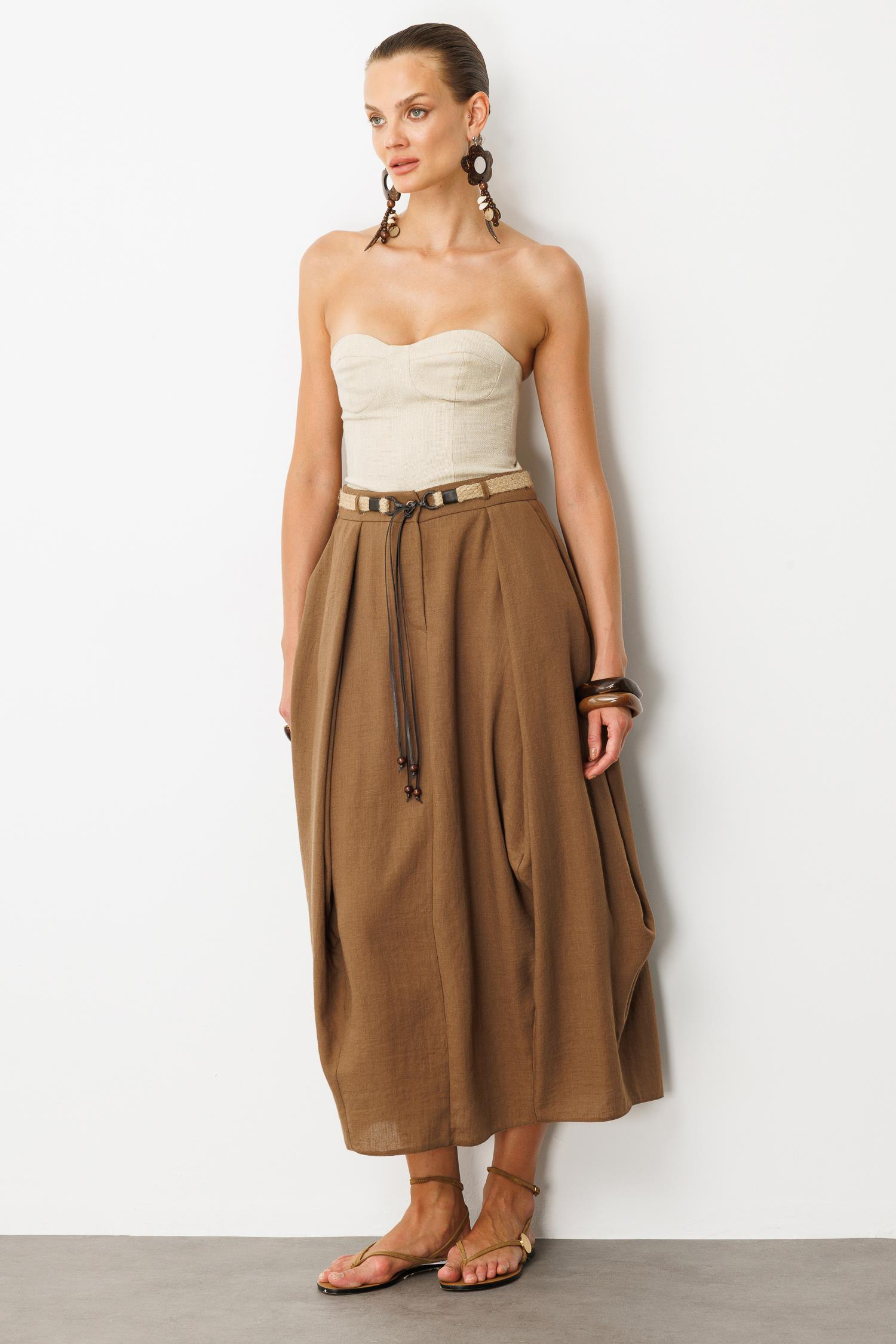 Kemer Detaylı Keten Görünümlü Etek-KAHVE