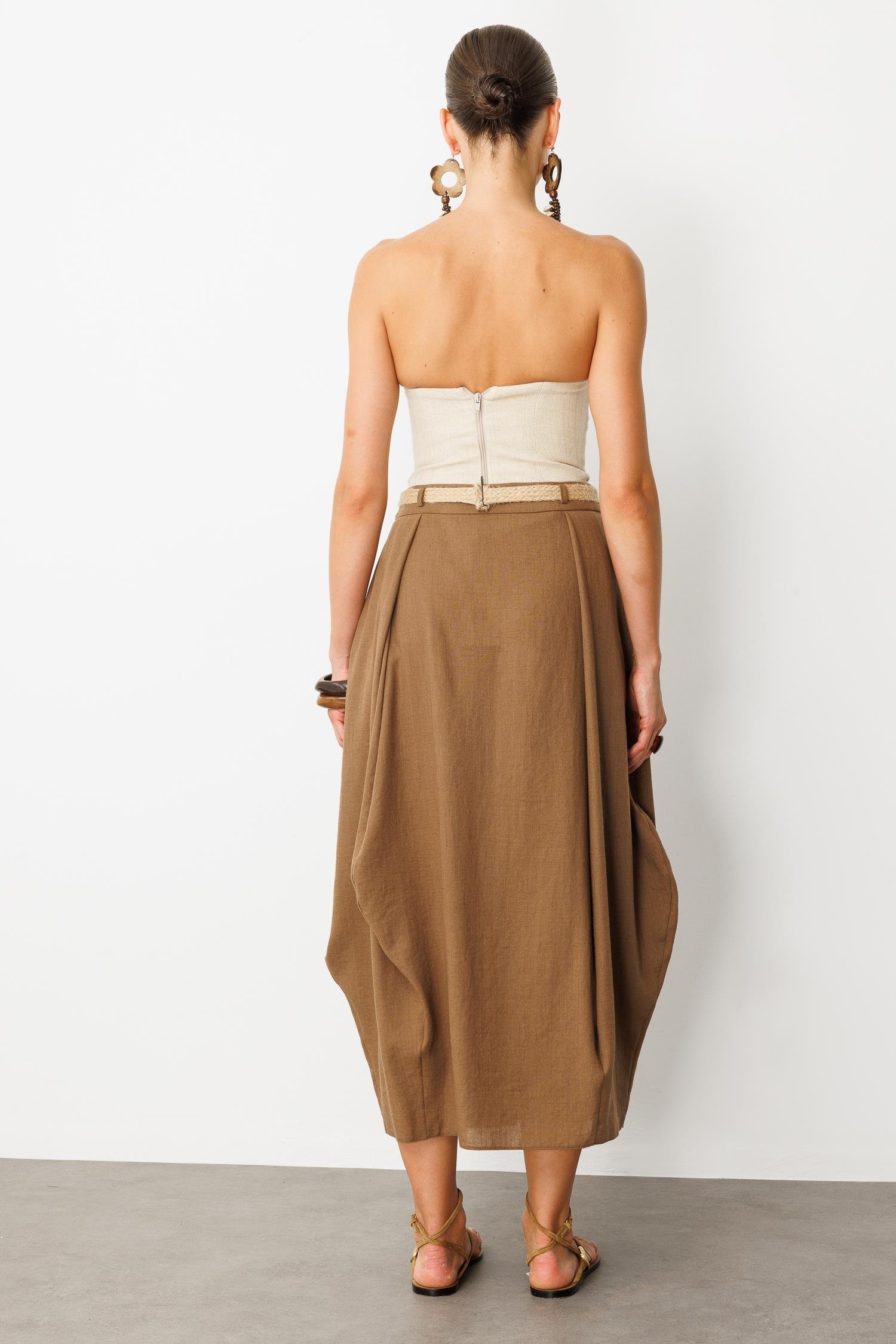 Kemer Detaylı Keten Görünümlü Etek-KAHVE