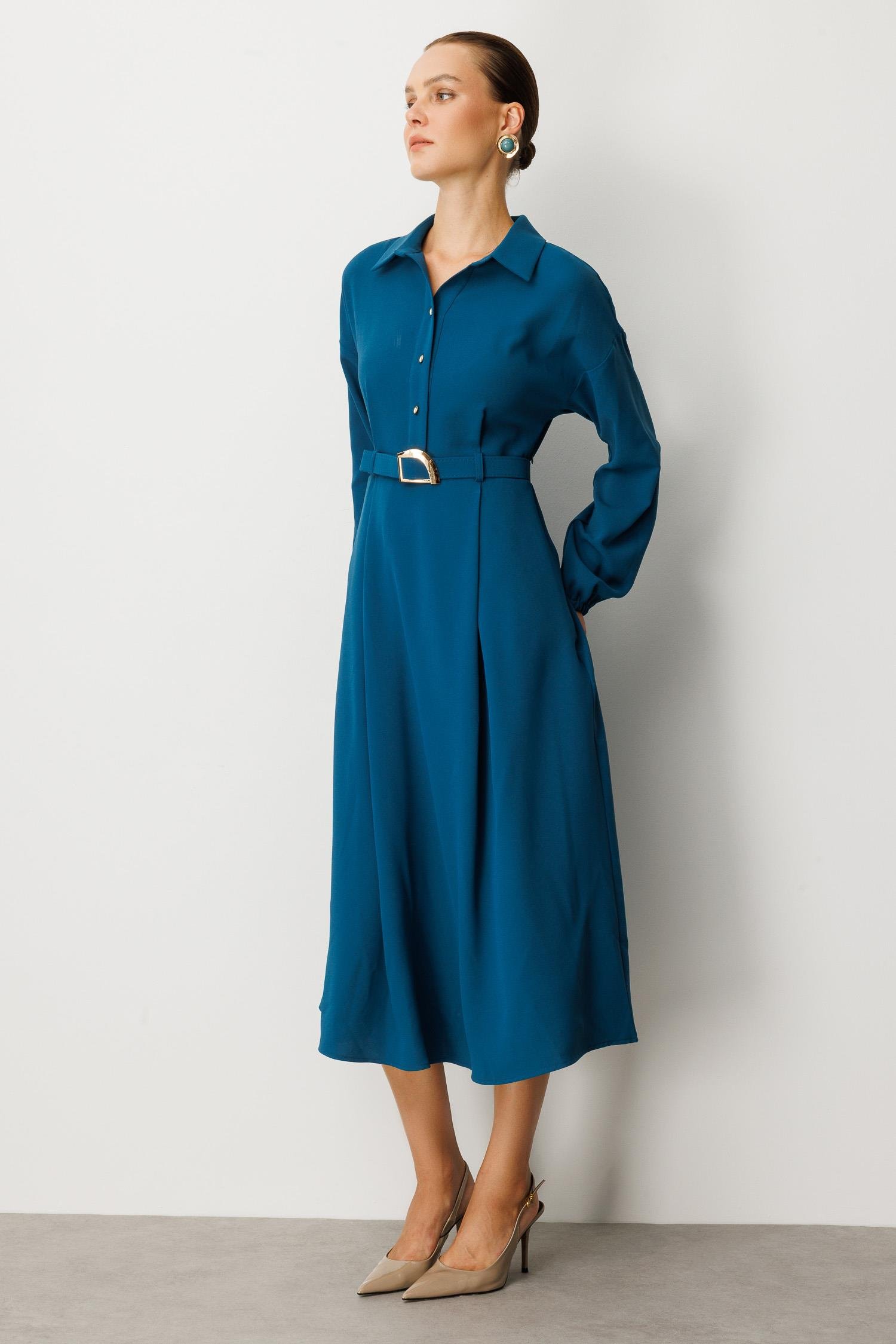 Kemer Detaylı Krep Elbise-PETROL