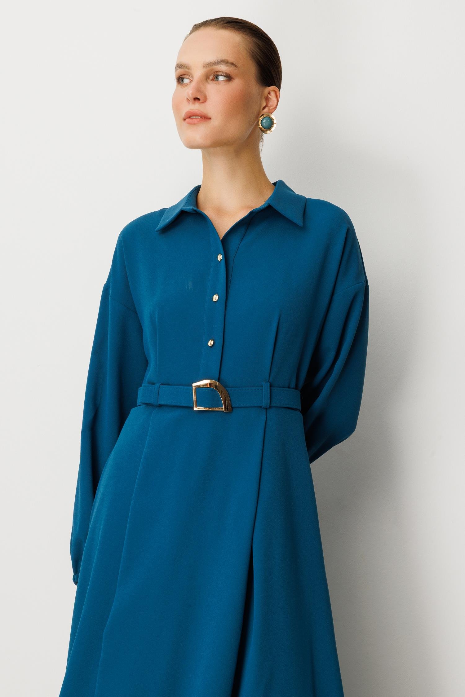 Kemer Detaylı Krep Elbise-PETROL