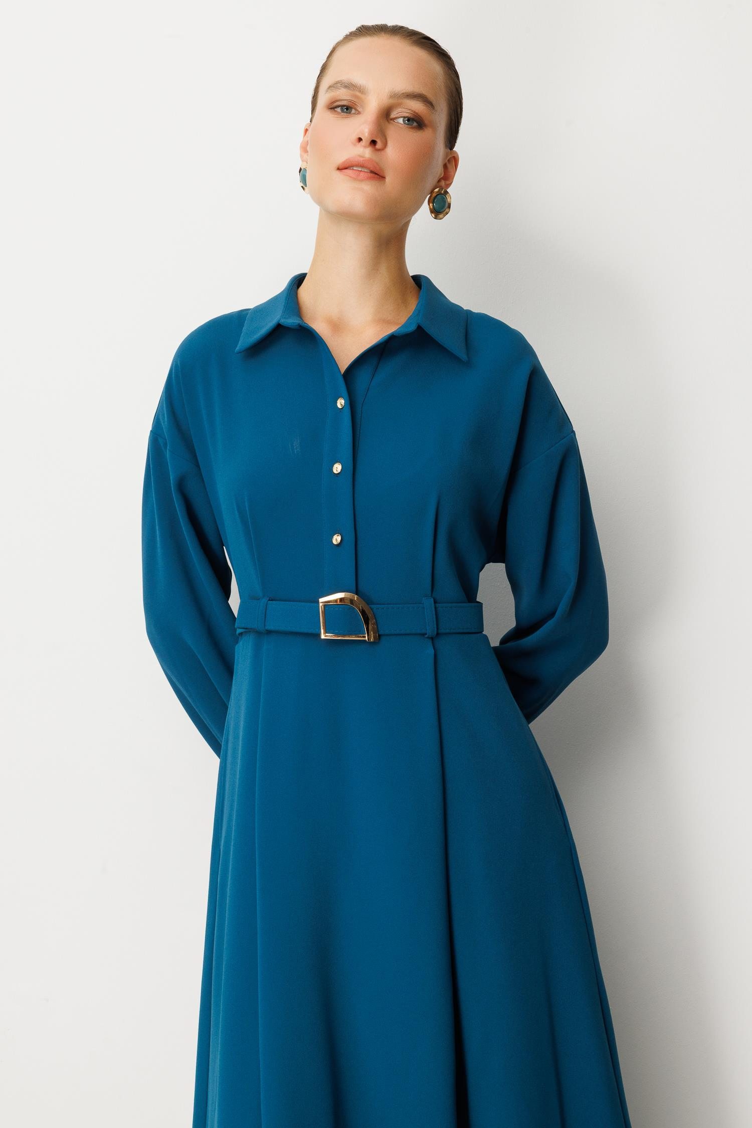 Kemer Detaylı Krep Elbise-PETROL