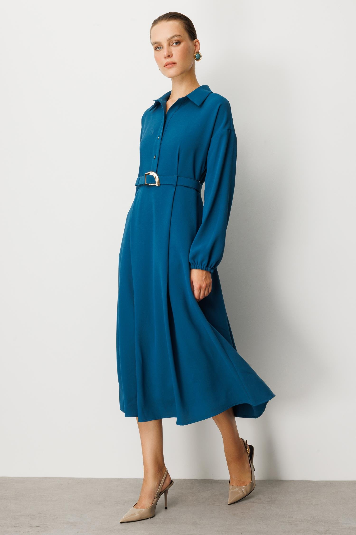 Kemer Detaylı Krep Elbise-PETROL