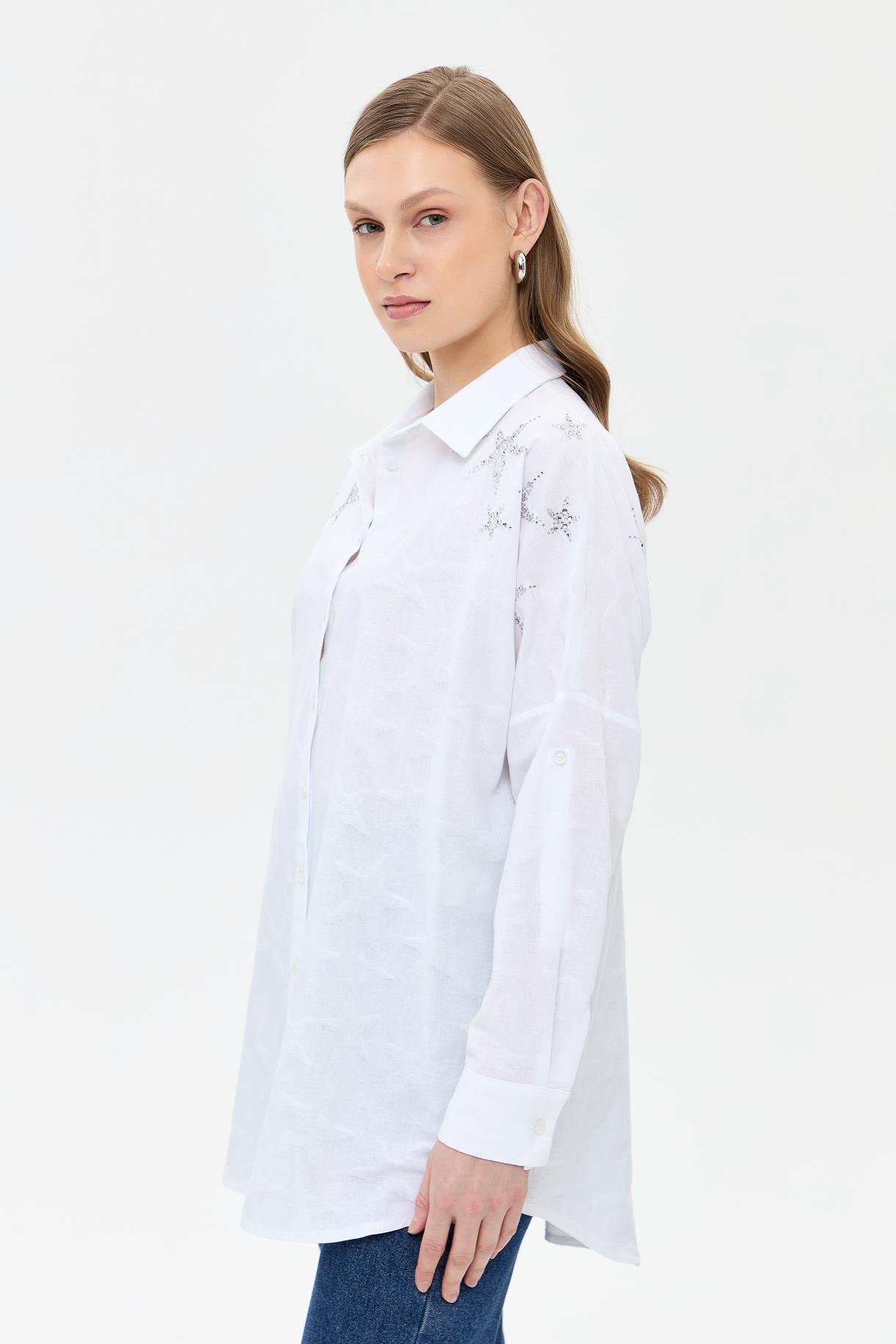 Kendinden Desenli Gömlek - BEYAZ