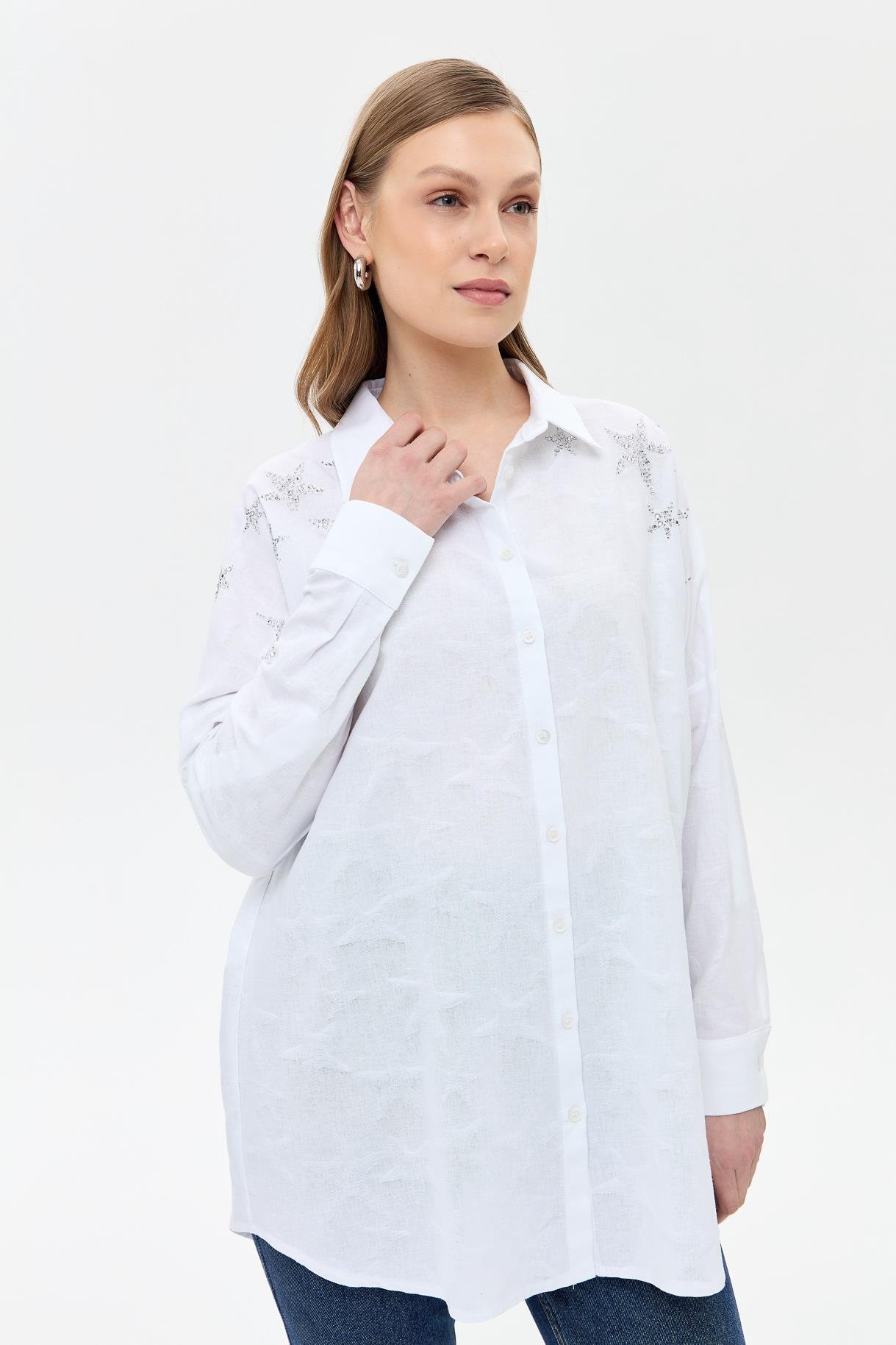 Kendinden Desenli Gömlek - BEYAZ