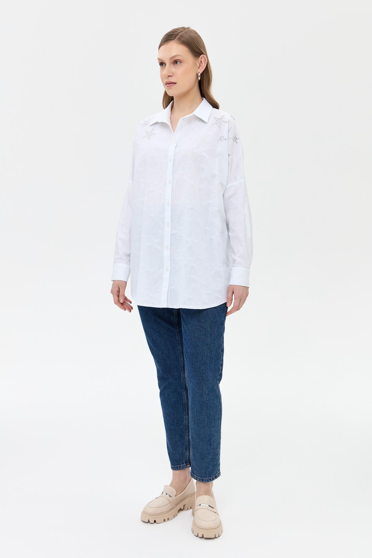 Kendinden Desenli Gömlek - BEYAZ