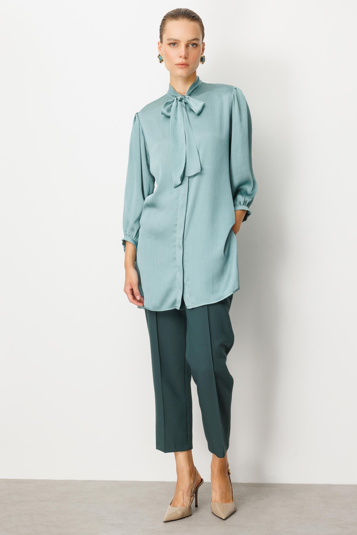 Kendinden Desenli Saten Tunik Gömlek-MINT