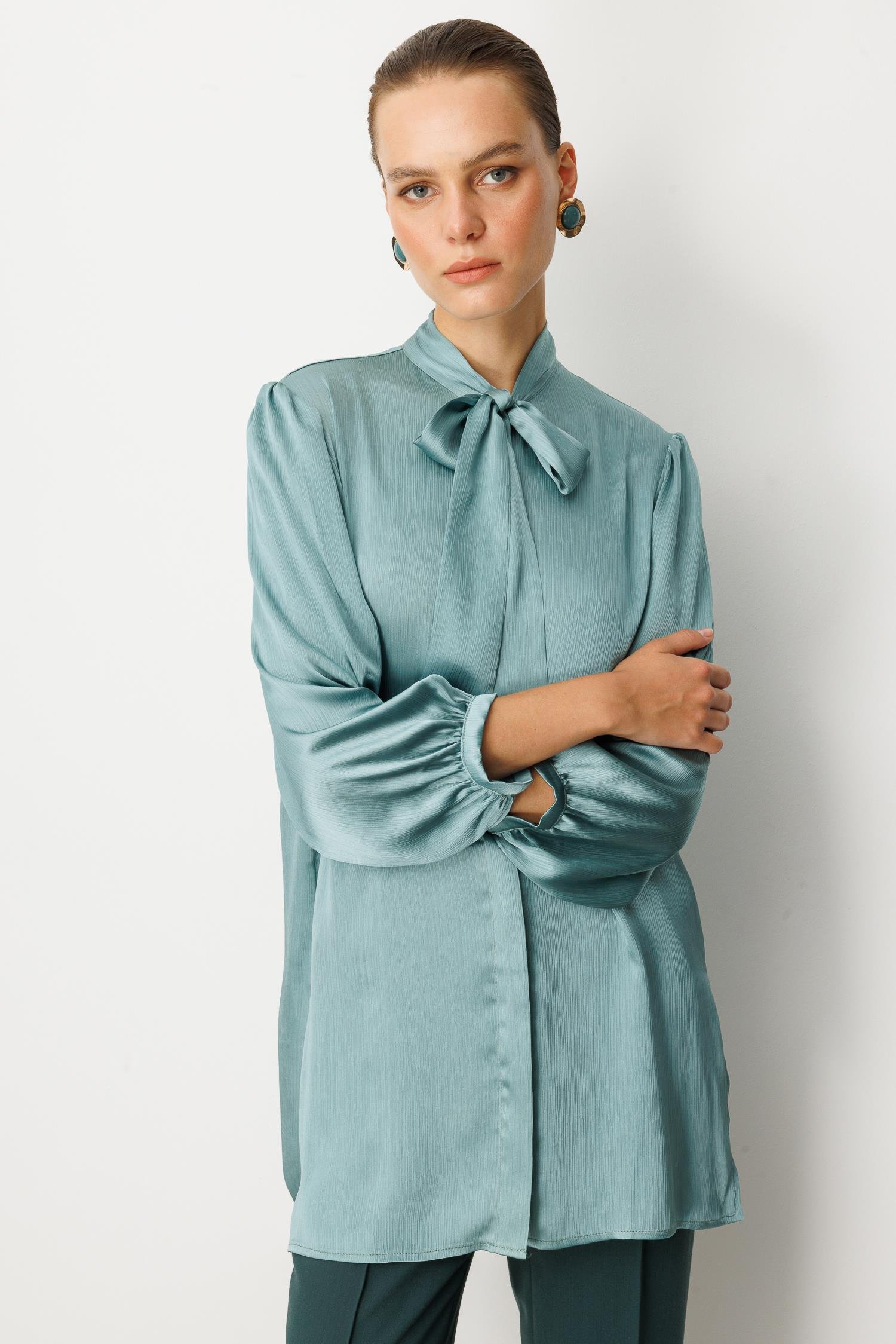 Kendinden Desenli Saten Tunik Gömlek-MINT