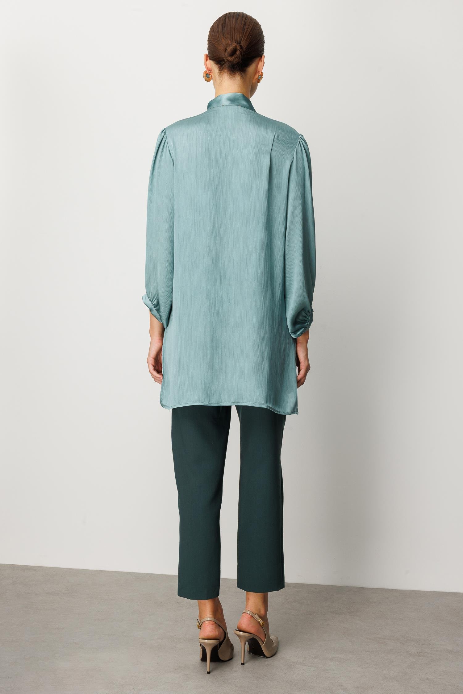 Kendinden Desenli Saten Tunik Gömlek-MINT