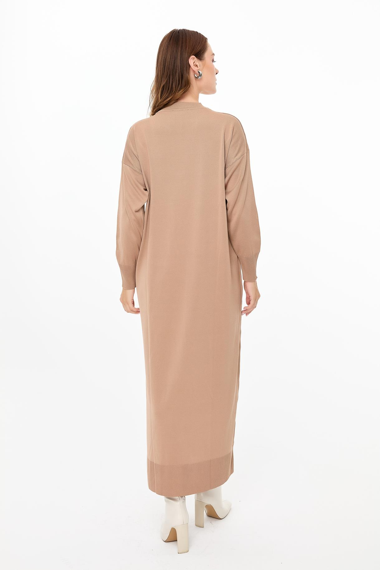 Kendinden Desenli Triko Elbise - CAMEL