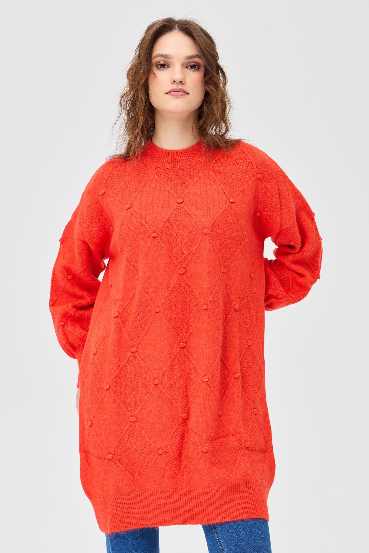 Kendinden Desenli Triko Tunik - ORANJE