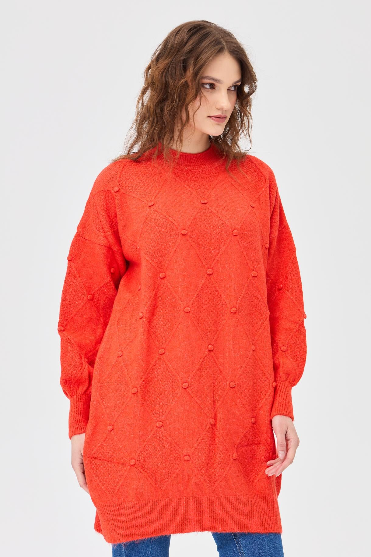 Kendinden Desenli Triko Tunik - ORANJE