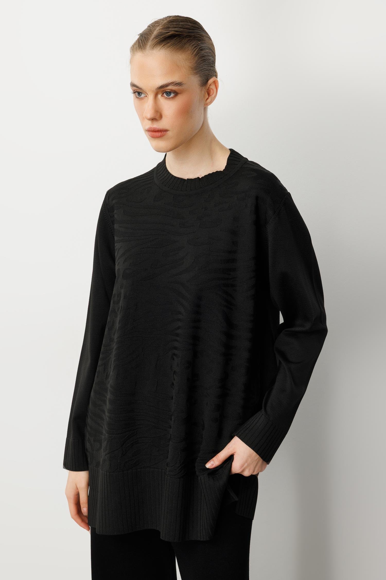 Kendinden Desenli Triko Tunik-SİYAH