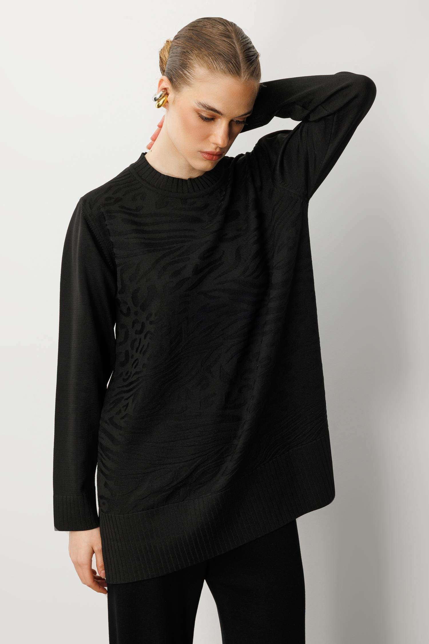 Kendinden Desenli Triko Tunik-SİYAH