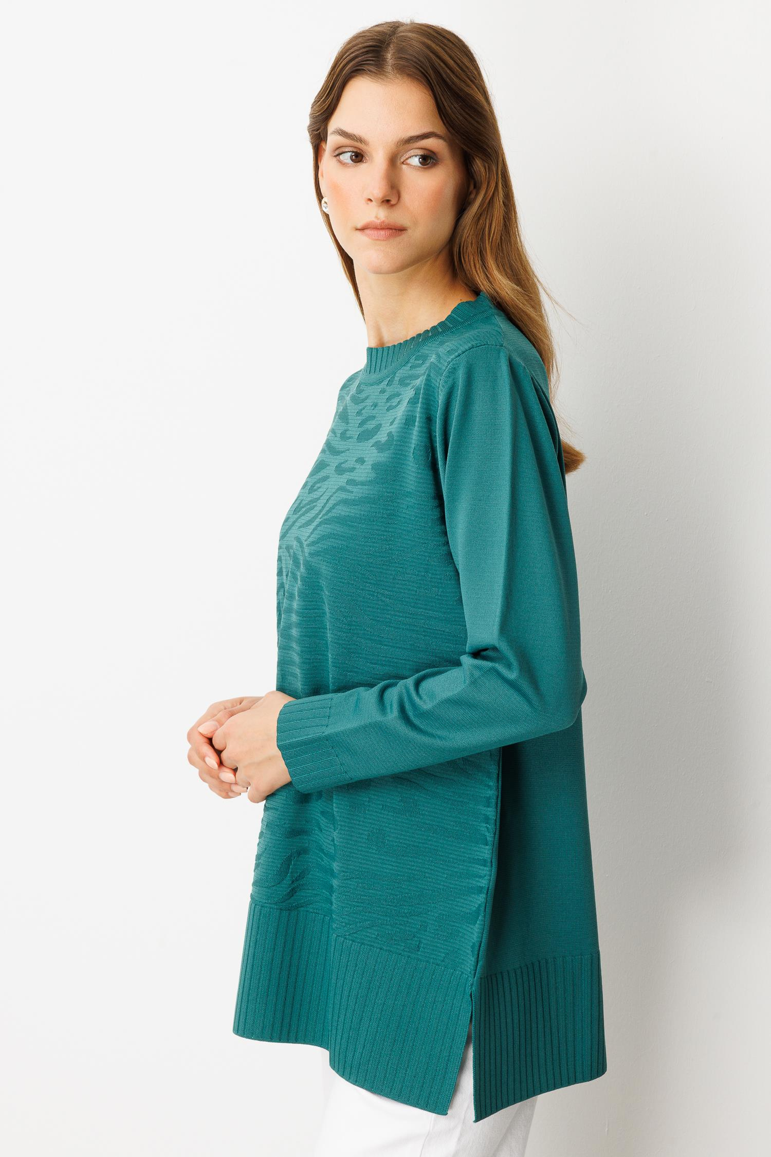 Kendinden Desenli Triko Tunik-ZÜMRÜT