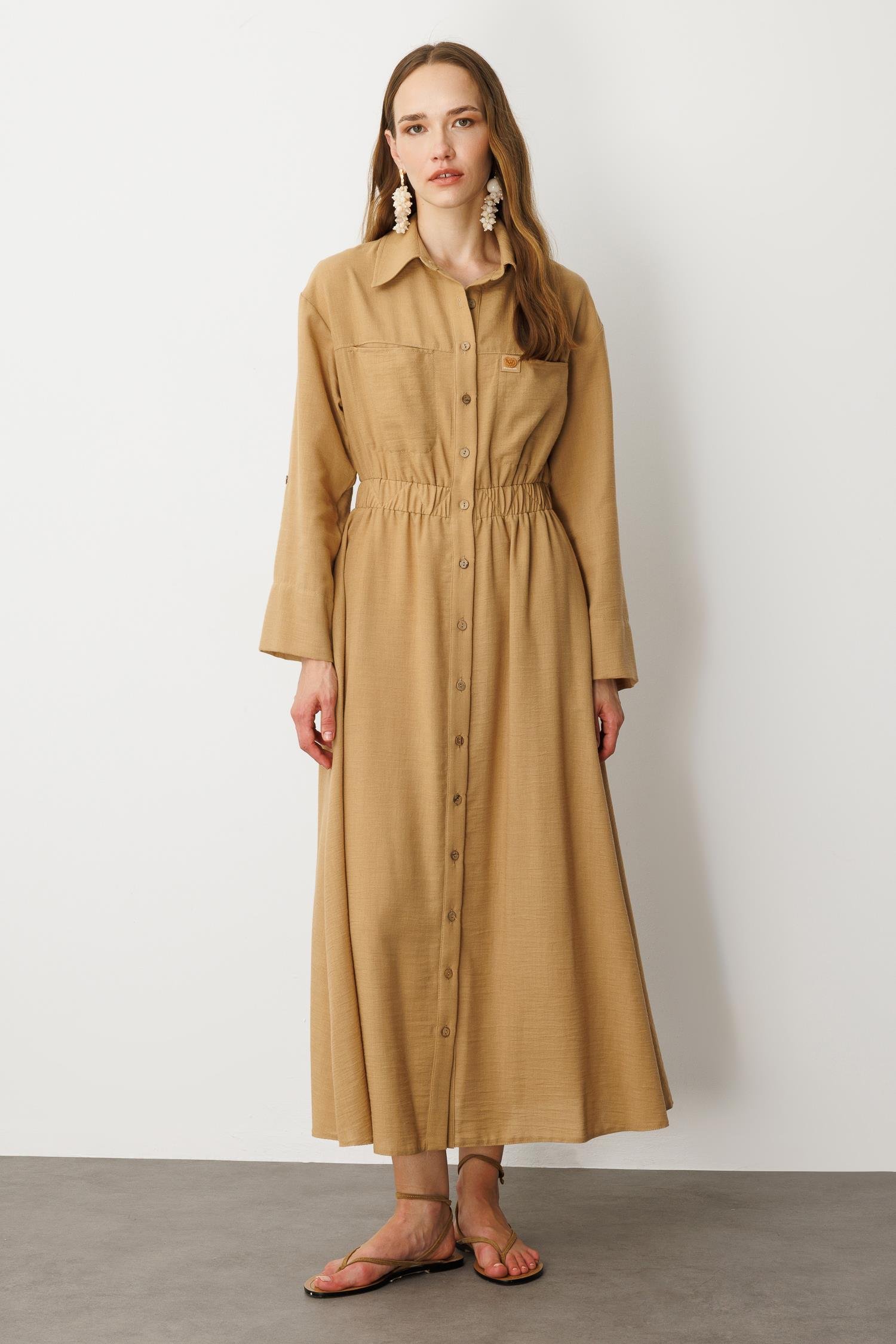 Keten Görünüm Düğmeli Uzun Elbise-CAMEL