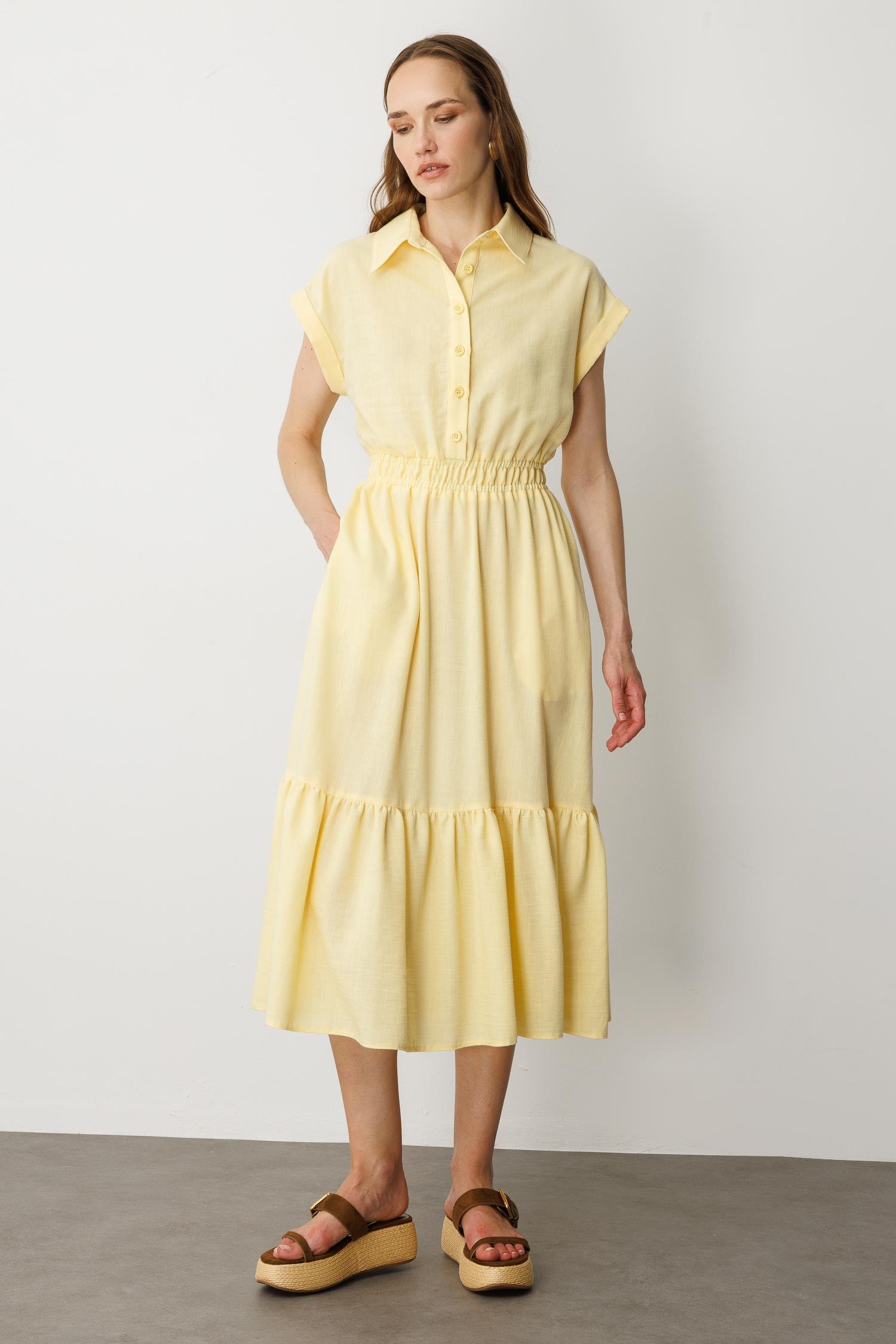 Keten Görünüm Farbela Detaylı Uzun Elbise-SARI