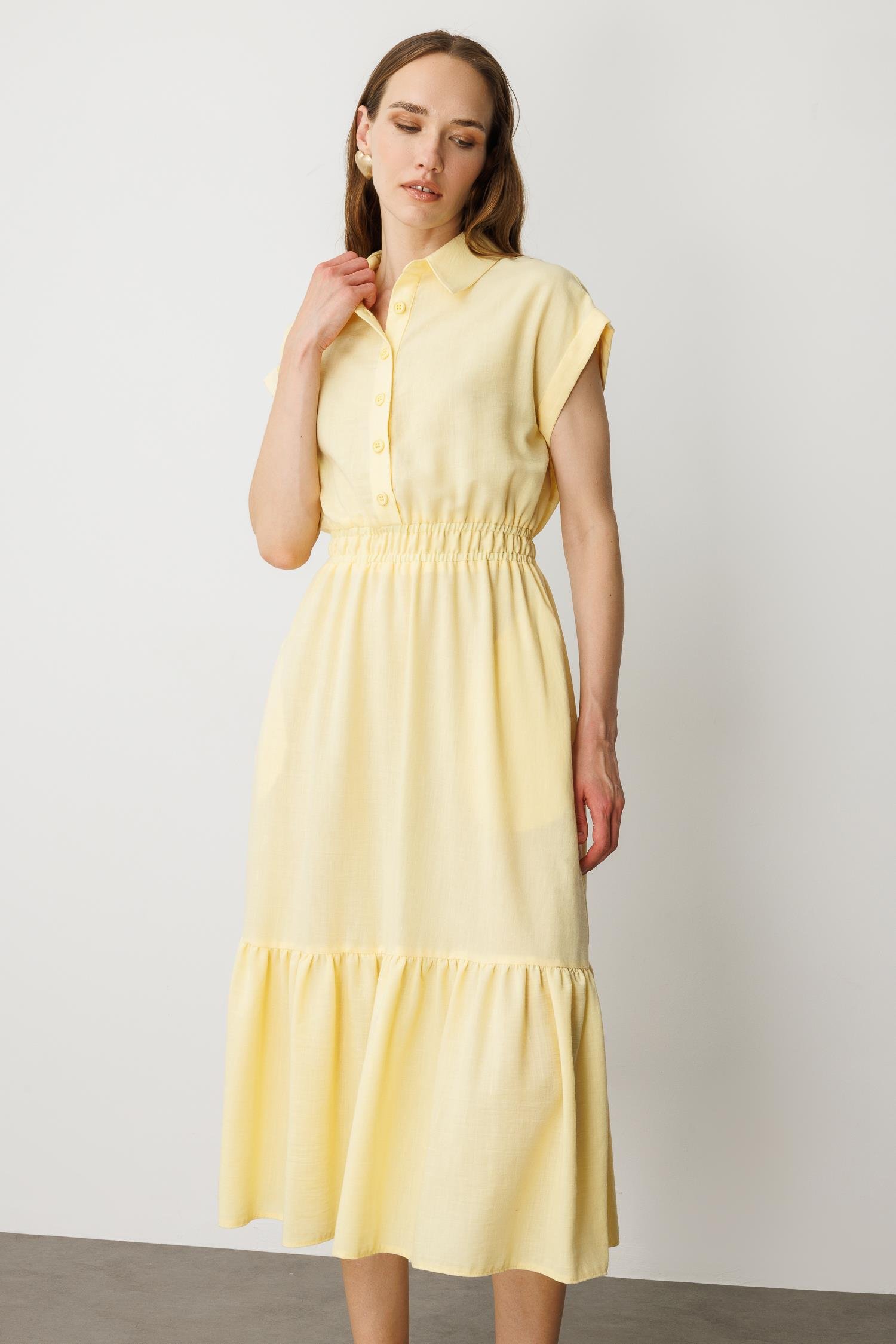 Keten Görünüm Farbela Detaylı Uzun Elbise-SARI