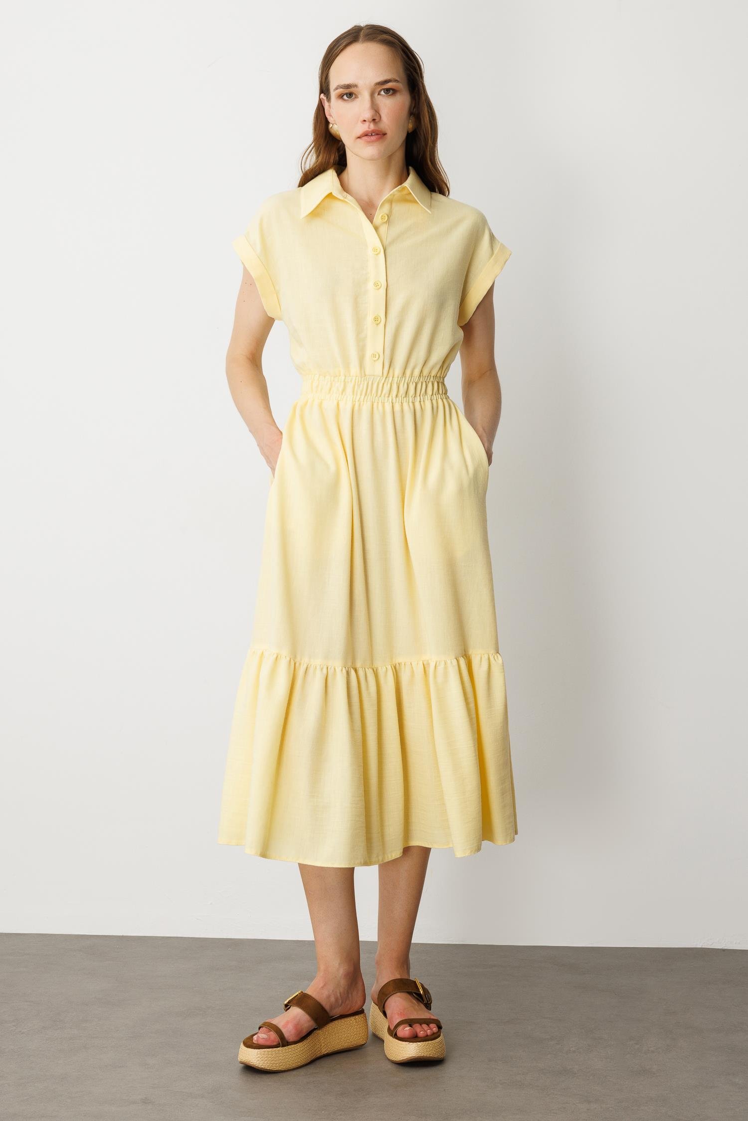 Keten Görünüm Farbela Detaylı Uzun Elbise-SARI