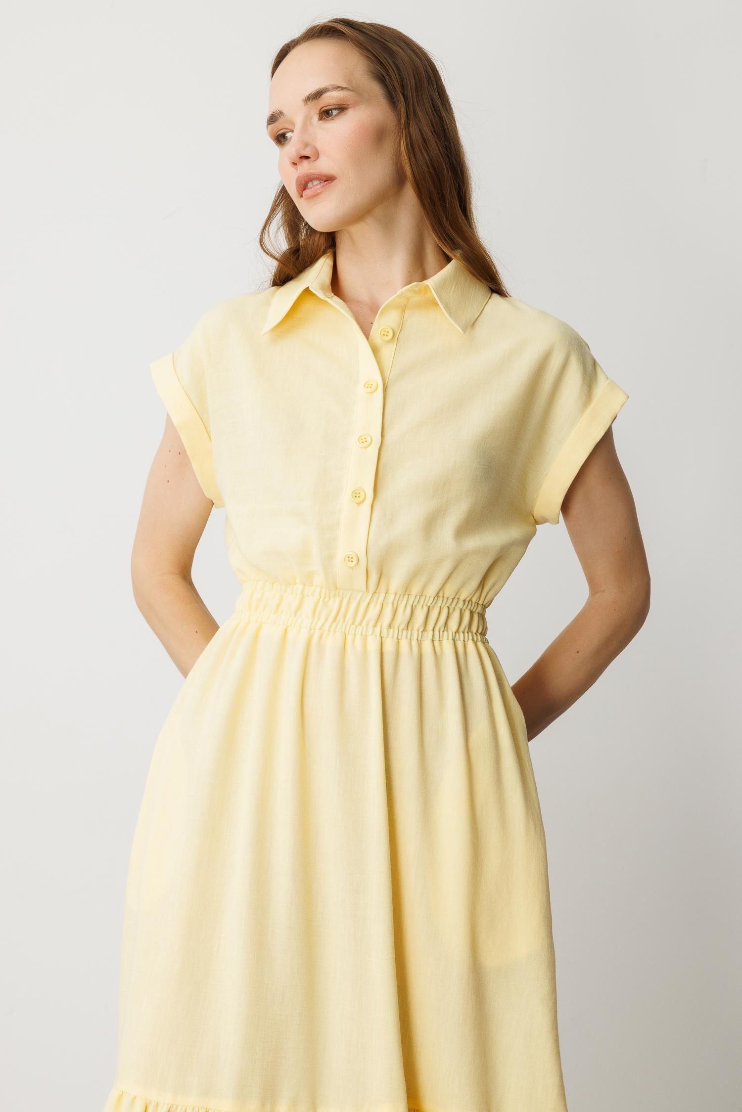 Keten Görünüm Farbela Detaylı Uzun Elbise-SARI